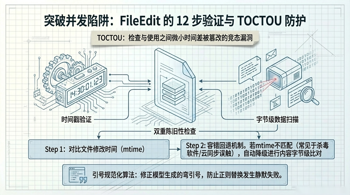 FileEditTool：12 步验证链与 TOCTOU 防护